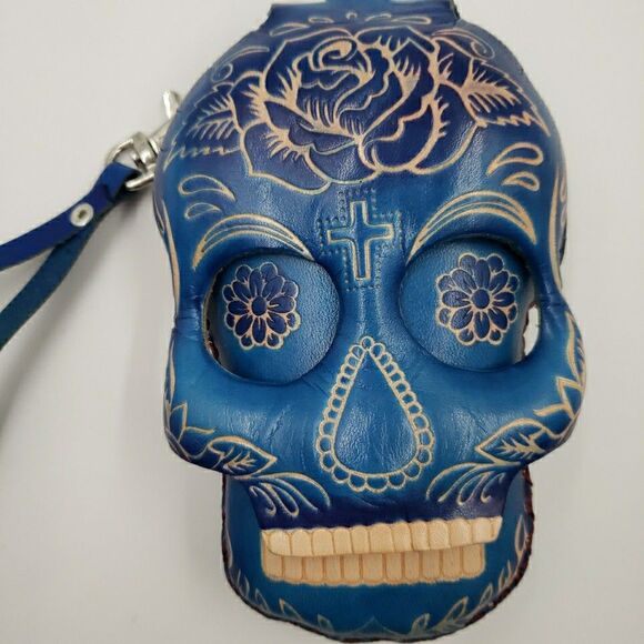 Sugar Skull Leather Wristlet Wallet Gift Small Pouch Keychain Day of the Dead - Picture 3 of 13